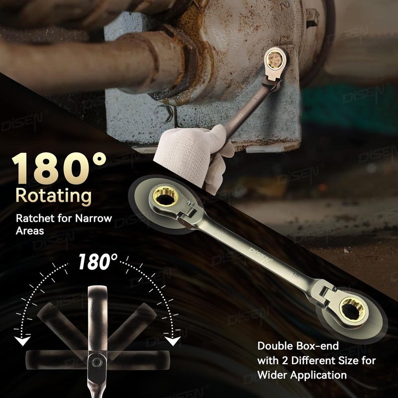 DISEN 6PCS 90 Teeth Ratcheting Wrench Set Double Box End Flex Head with Gray Nickel Coated Ratchet Wrench Set with Organizer, 12 Point 4° Swing Arc, CR-V Steel, for Home Daily Use, Gift for Man - Image 4